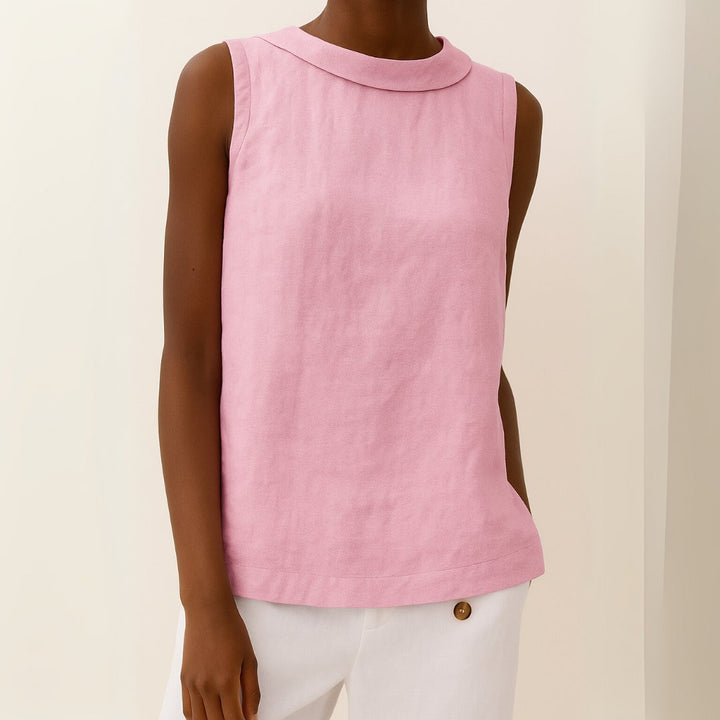 Women's Roll Neck Sleeveless Linen Blouse - Pink