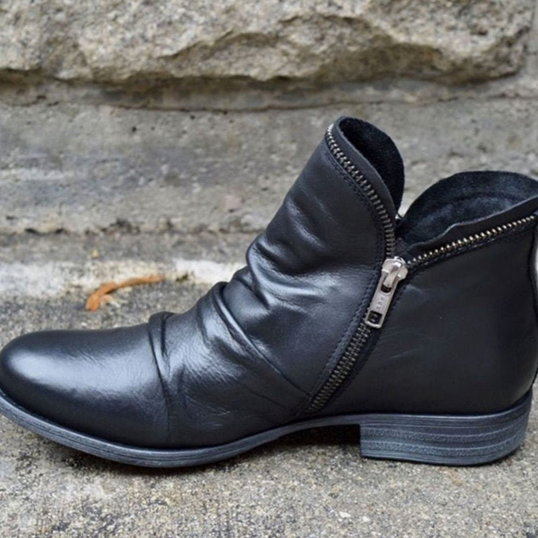 Women's Ruched Leather Side-Zip Ankle Boots - Black