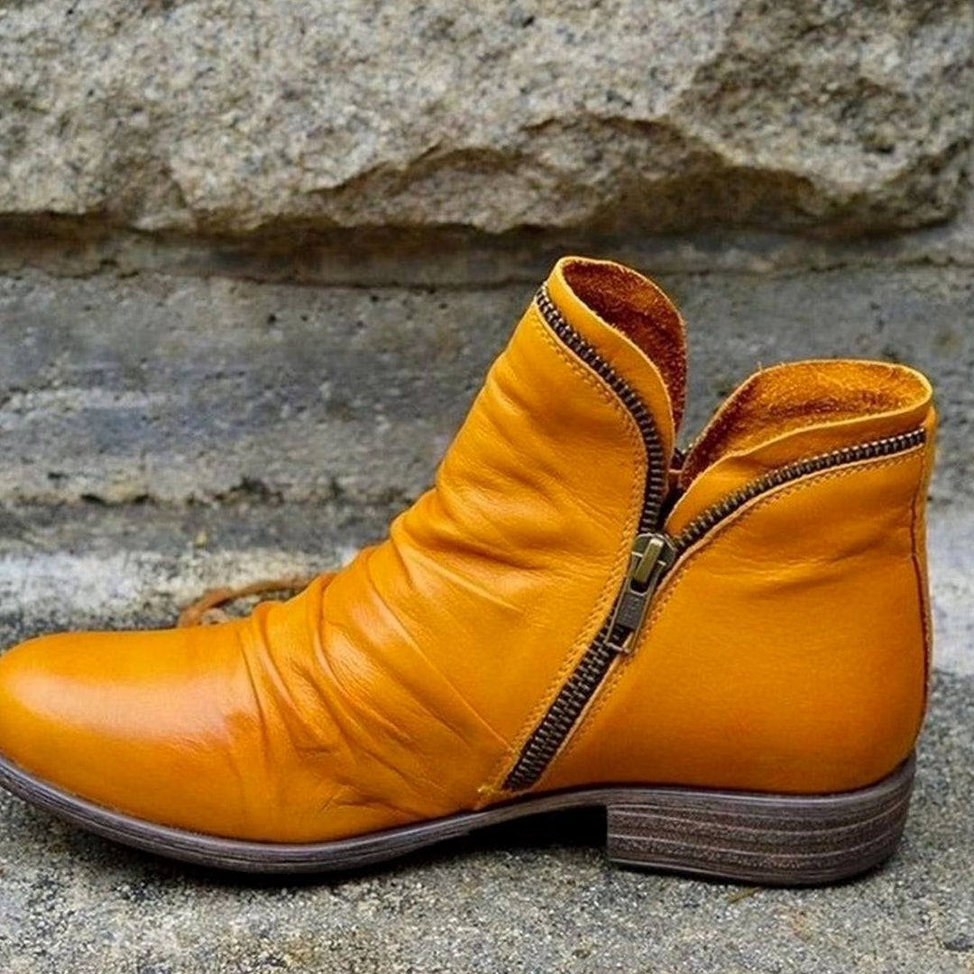 Women's Ruched Leather Side-Zip Ankle Boots - Yellow