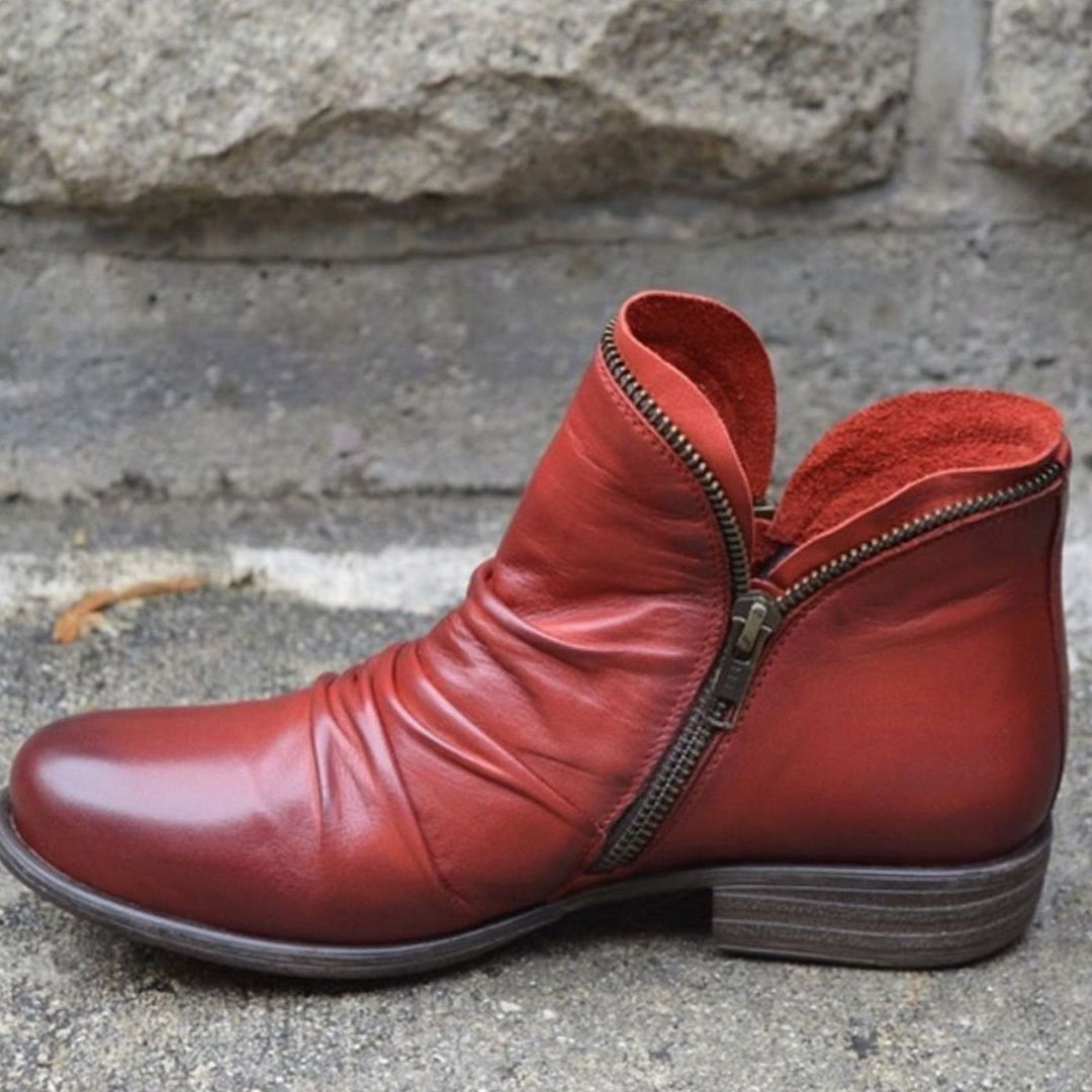 Women's Ruched Leather Side-Zip Ankle Boots - Red