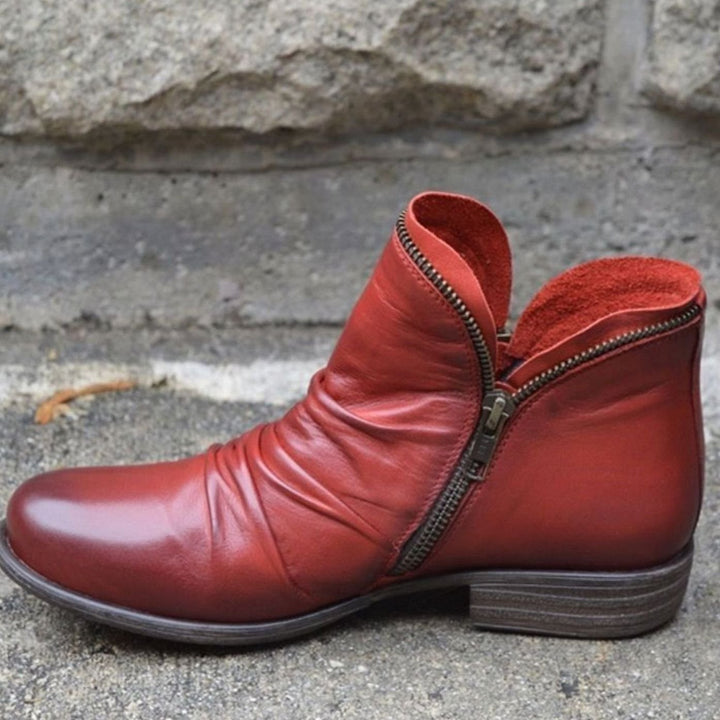 Women's Ruched Leather Side-Zip Ankle Boots - Red