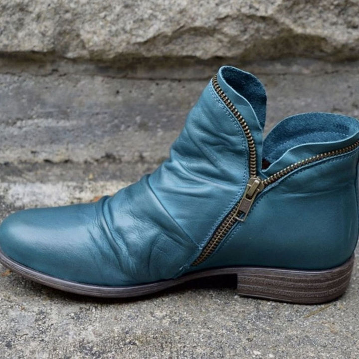 Women's Ruched Leather Side-Zip Ankle Boots - Blue