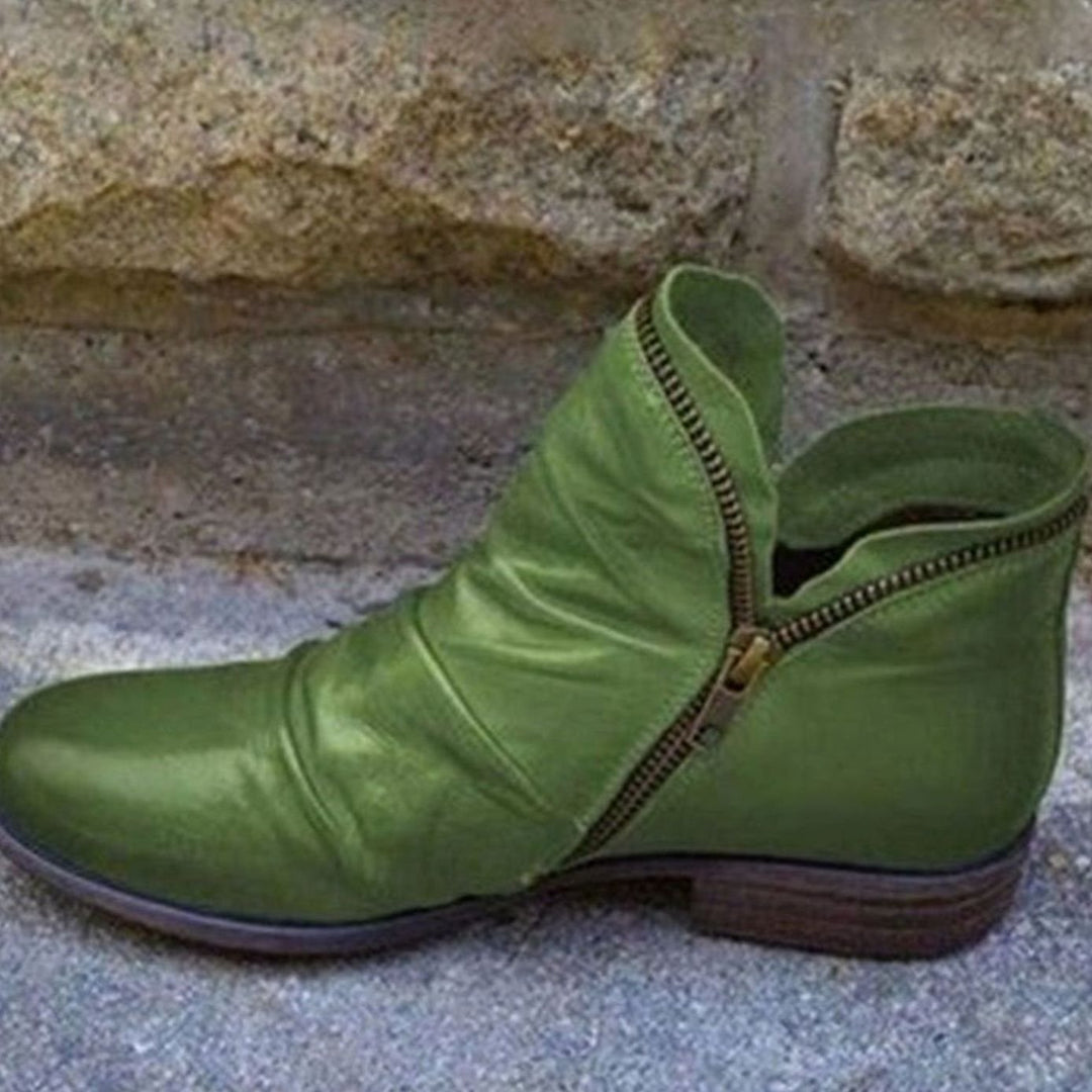 Women's Ruched Leather Side-Zip Ankle Boots - Green