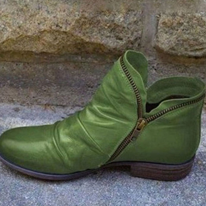 Women's Ruched Leather Side-Zip Ankle Boots - Green