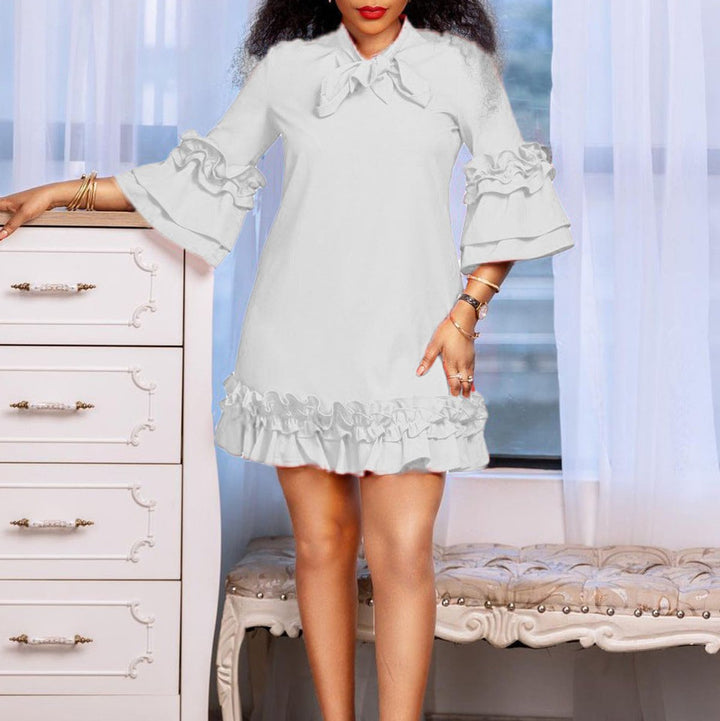 Women's Ruffle-Hem Bow-Neck Mini Tunic Dress