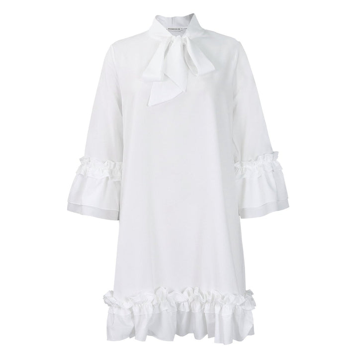 Women's Ruffle-Hem Bow-Neck Mini Tunic Dress - Weiß