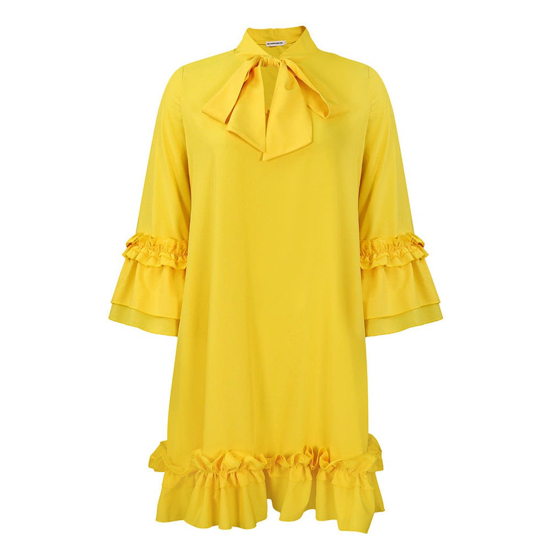 Women's Ruffle-Hem Bow-Neck Mini Tunic Dress - Gelb