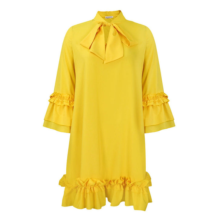Women's Ruffle-Hem Bow-Neck Mini Tunic Dress - Gelb