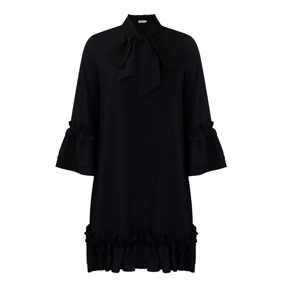 Women's Ruffle-Hem Bow-Neck Mini Tunic Dress - Schwarz