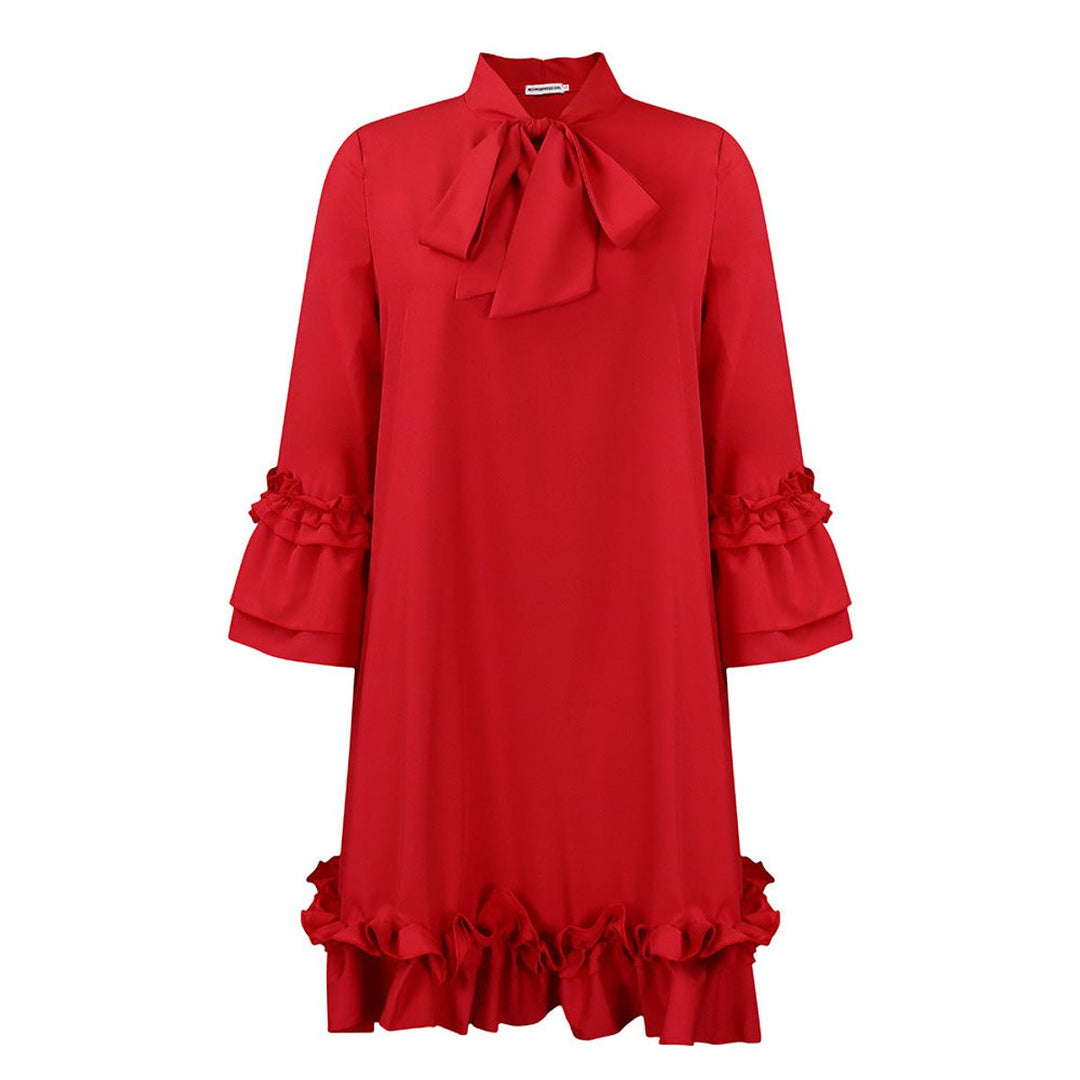 Women's Ruffle-Hem Bow-Neck Mini Tunic Dress - Rot