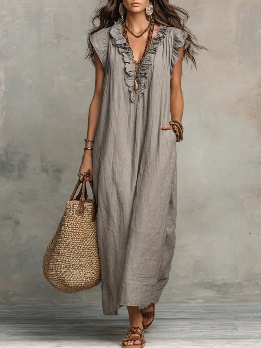 Women's Ruffle V-Neck Flutter Sleeve Linen Maxi Dress - Gray