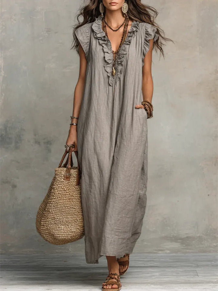 Women's Ruffle V-Neck Flutter Sleeve Linen Maxi Dress - Gray