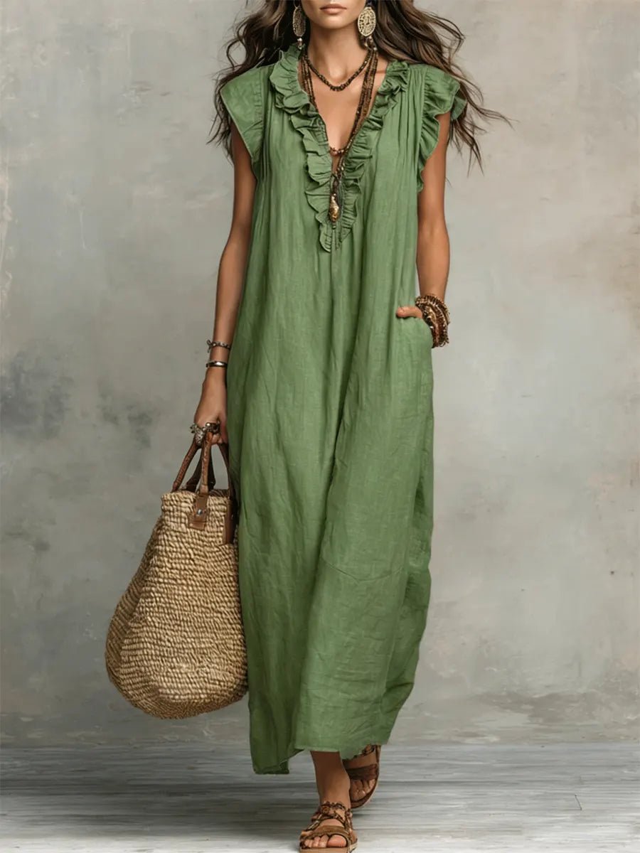 Women's Ruffle V-Neck Flutter Sleeve Linen Maxi Dress - Green