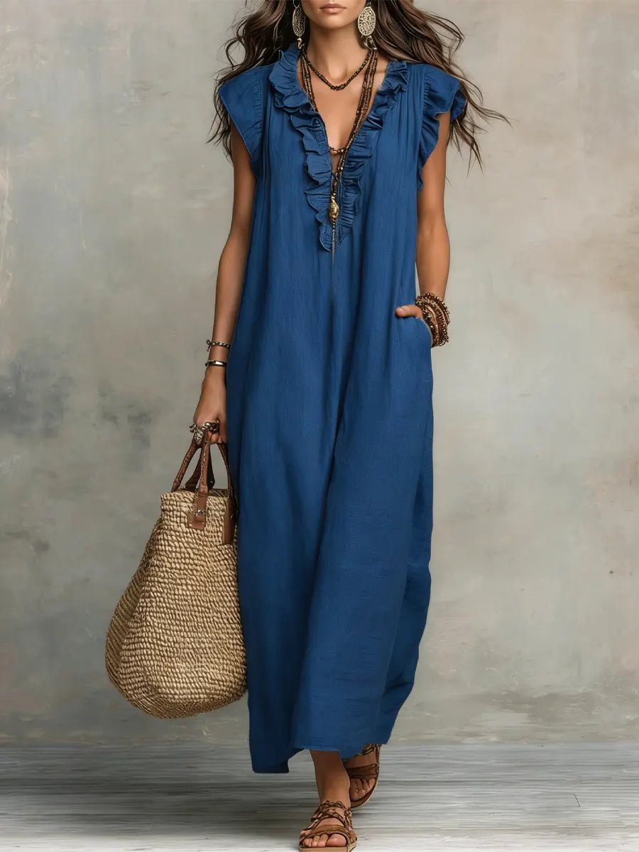 Women's Ruffle V-Neck Flutter Sleeve Linen Maxi Dress - Blue