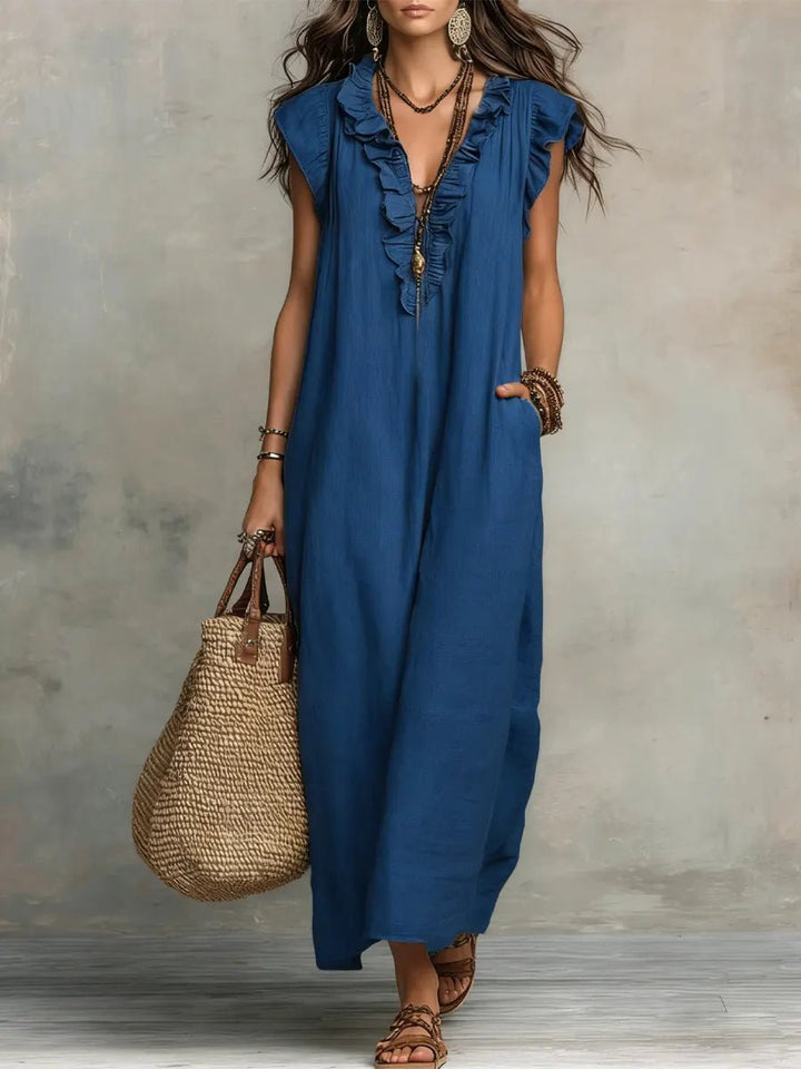 Women's Ruffle V-Neck Flutter Sleeve Linen Maxi Dress - Blue