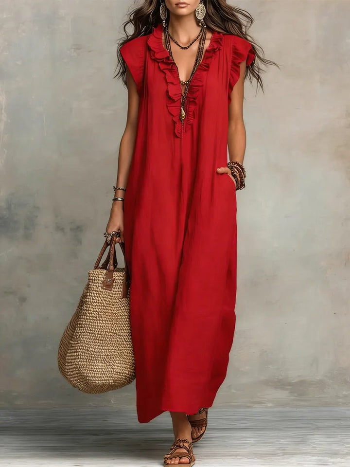 Women's Ruffle V-Neck Flutter Sleeve Linen Maxi Dress - Red