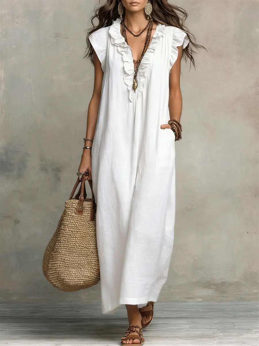 Women's Ruffle V-Neck Flutter Sleeve Linen Maxi Dress - White