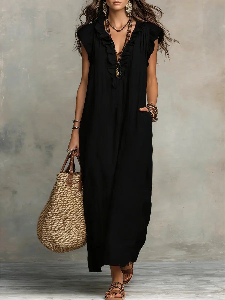 Women's Ruffle V-Neck Flutter Sleeve Linen Maxi Dress - Black