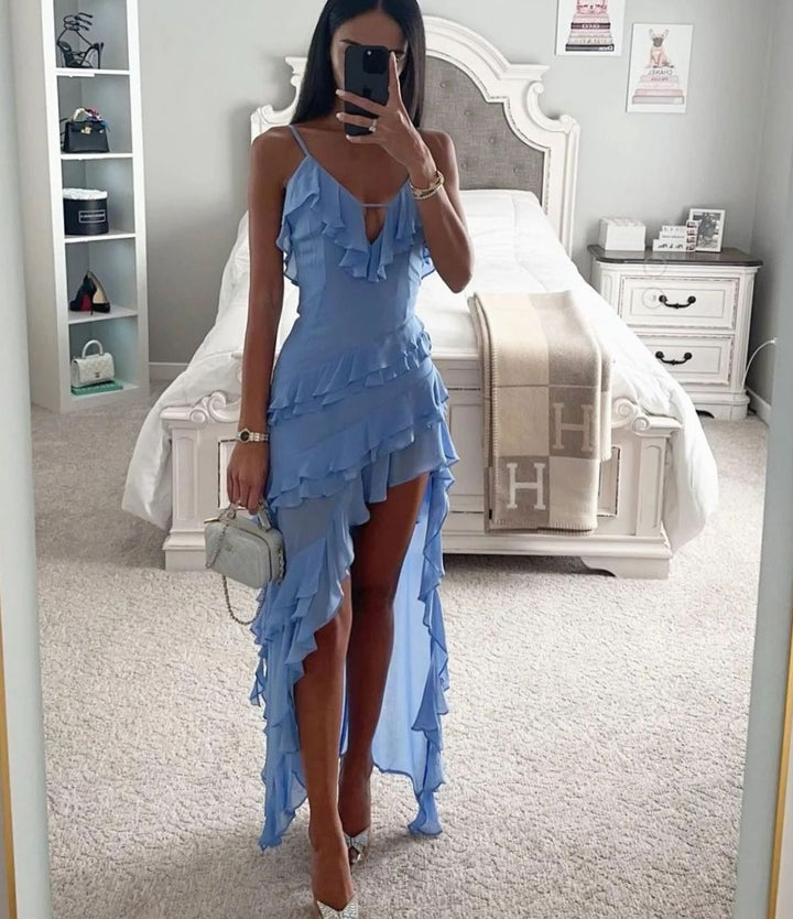 Women's Ruffle Wrap Maxi Dress Asymmetric High-Low Hem - Blue