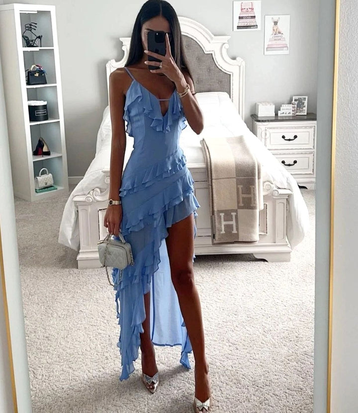 Women's Ruffle Wrap Maxi Dress Asymmetric High-Low Hem