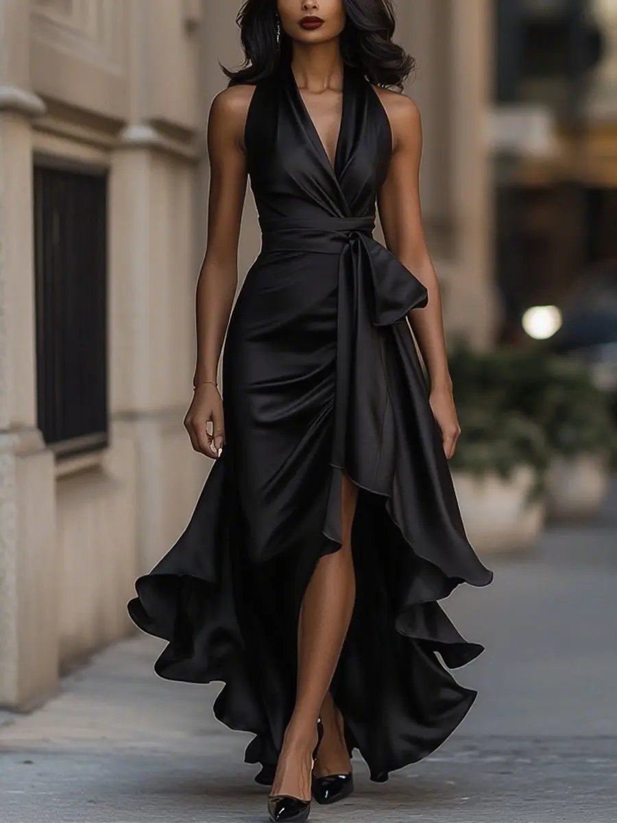 Women's Satin Halter Cocktail Party Dress High-Low Ruffle Wrap - Black