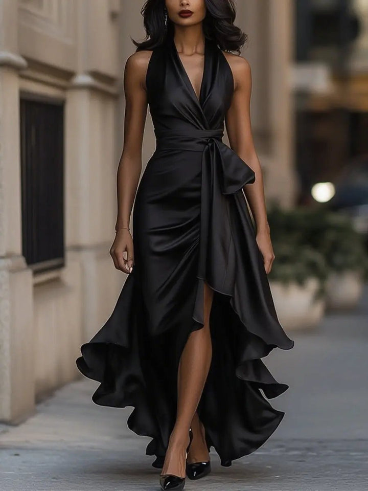 Women's Satin Halter Cocktail Party Dress High-Low Ruffle Wrap - Black