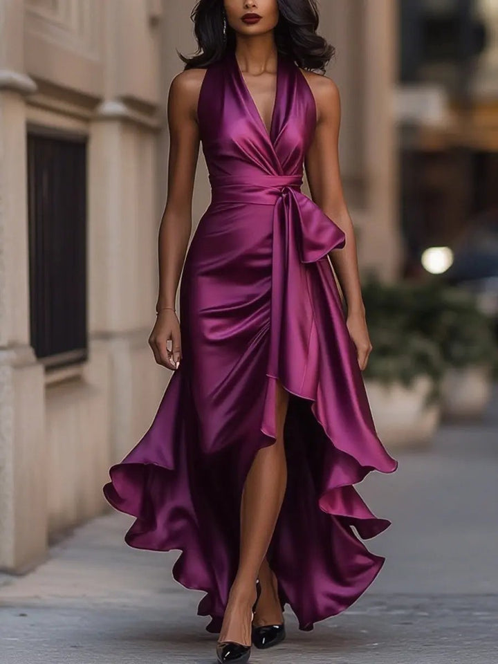 Women's Satin Halter Cocktail Party Dress High-Low Ruffle Wrap - Fuchsia