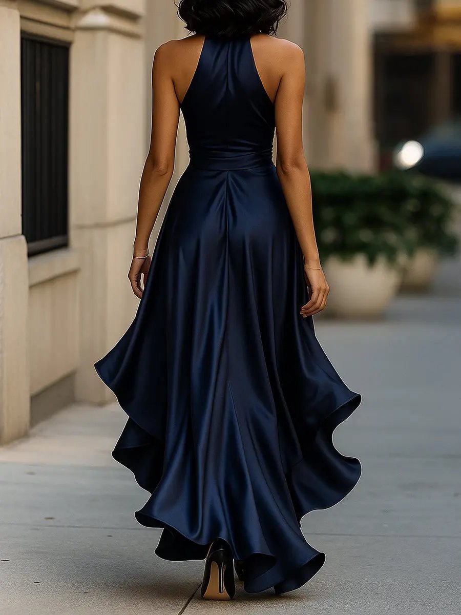 Women's Satin Halter Cocktail Party Dress High-Low Ruffle Wrap