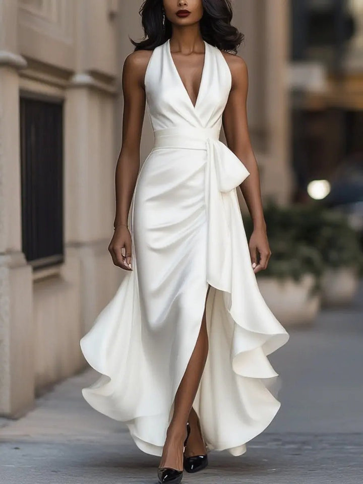 Women's Satin Halter Cocktail Party Dress High-Low Ruffle Wrap - White