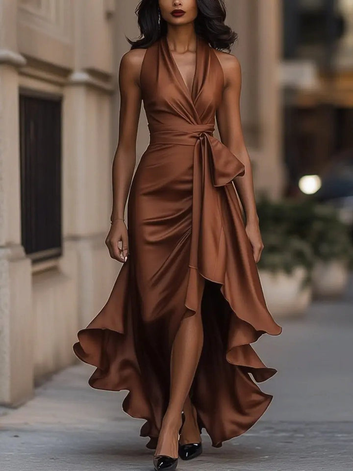 Women's Satin Halter Cocktail Party Dress High-Low Ruffle Wrap - Brown