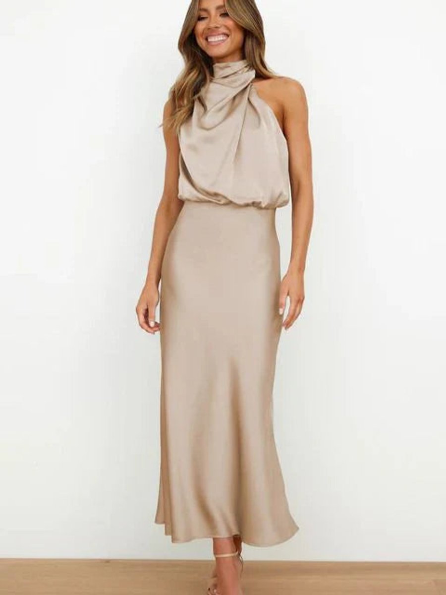 Women's Satin Halter-Neck Midi Cocktail Party Dress - Beige