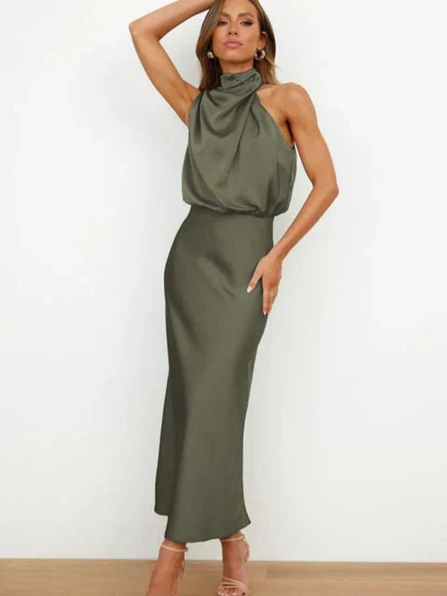Women's Satin Halter-Neck Midi Cocktail Party Dress - Green
