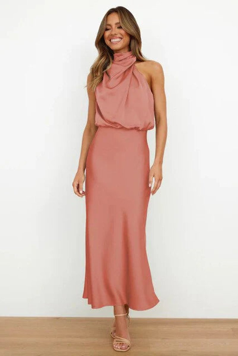 Women's Satin Halter-Neck Midi Cocktail Party Dress - Pink