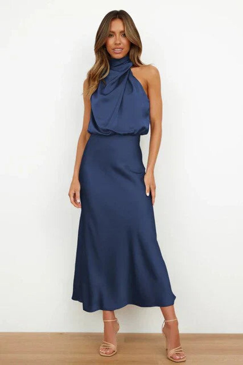 Women's Satin Halter-Neck Midi Cocktail Party Dress - Blue