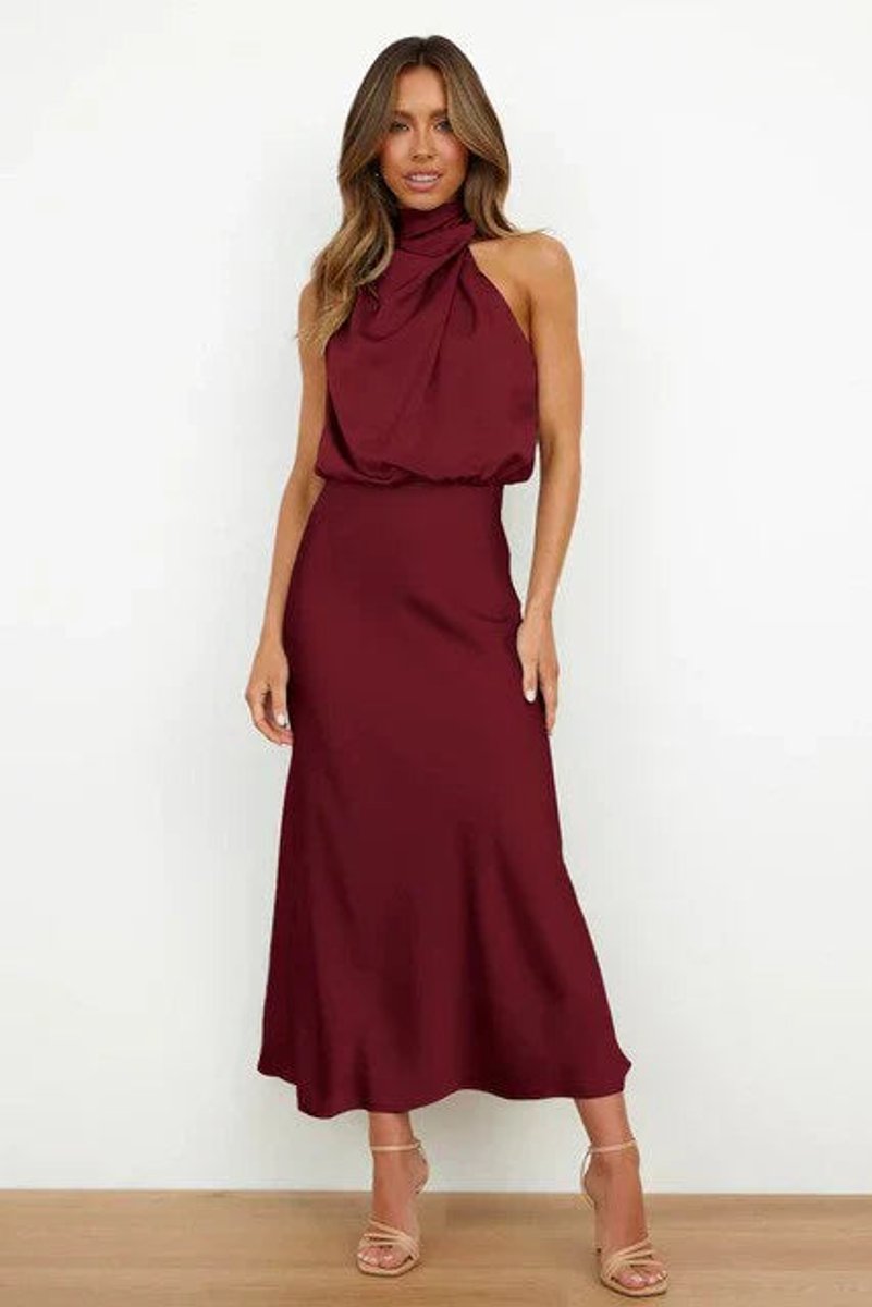 Women's Satin Halter-Neck Midi Cocktail Party Dress - Red
