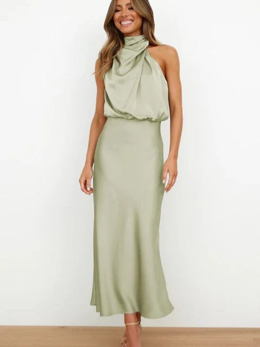 Women's Satin Halter-Neck Midi Cocktail Party Dress - Army Green