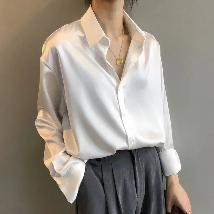 Women's Satin Long-Sleeve Button-Down Blouse - White