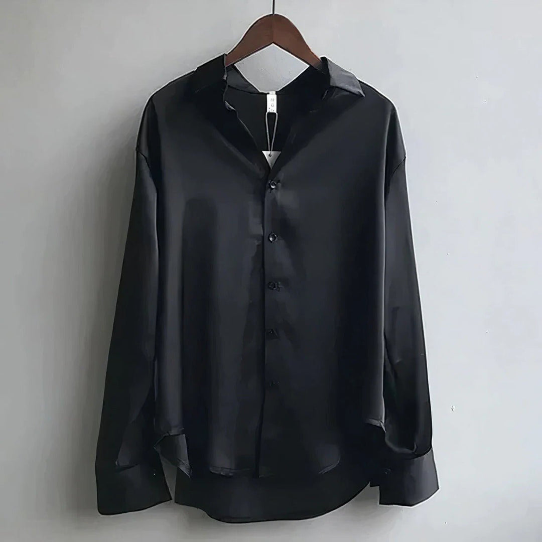 Women's Satin Long-Sleeve Button-Down Blouse - Black