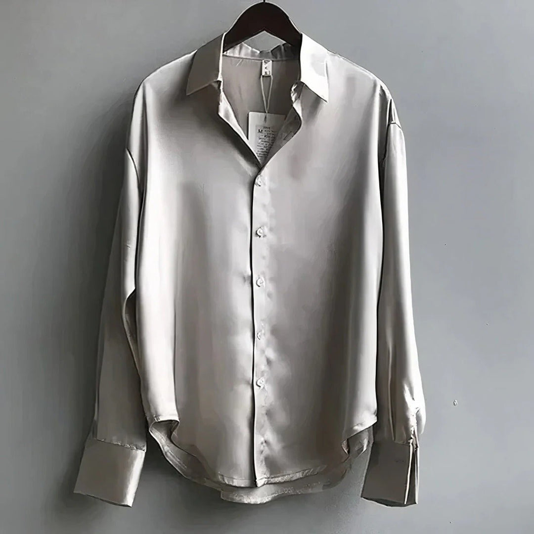 Women's Satin Long-Sleeve Button-Down Blouse - Gray