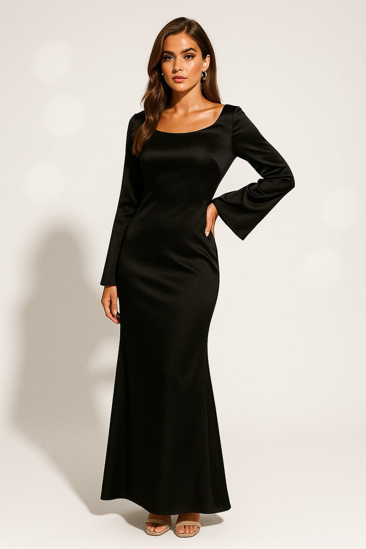 Women's Satin Long Sleeve Scoop Neck Fishtail Maxi Dress - Black