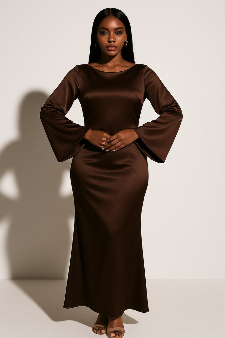 Women's Satin Long Sleeve Scoop Neck Fishtail Maxi Dress - Dark Brown