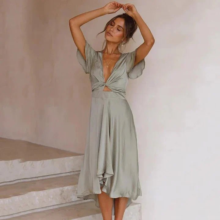 Women's Satin Midi Dress Deep V-Neck Flutter Sleeve Tie-Front - Olive