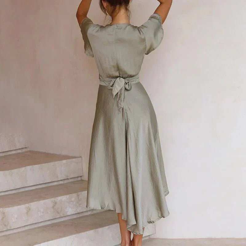 Women's Satin Midi Dress Deep V-Neck Flutter Sleeve Tie-Front