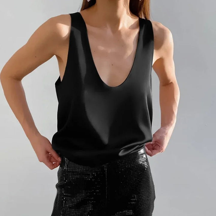Women's Satin Sleeveless Plunging U-Neck Relaxed Tank Top - Black