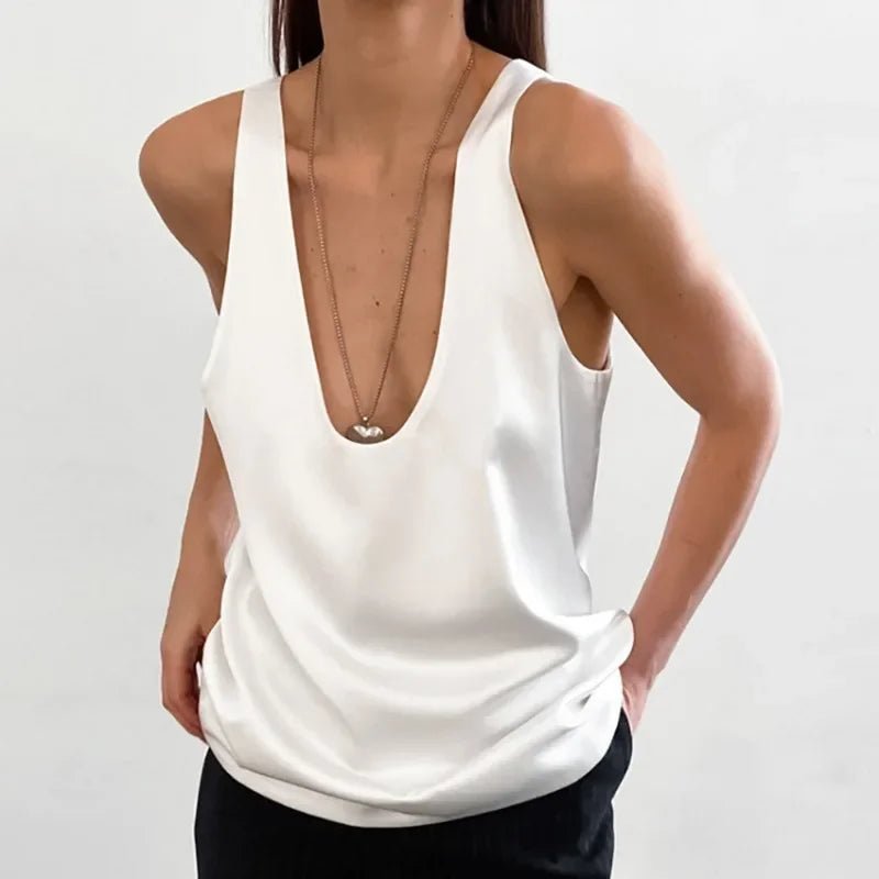 Women's Satin Sleeveless Plunging U-Neck Relaxed Tank Top