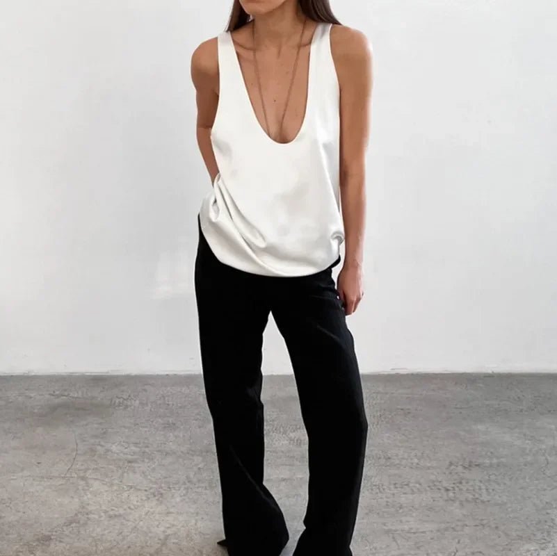 Women's Satin Sleeveless Plunging U-Neck Relaxed Tank Top