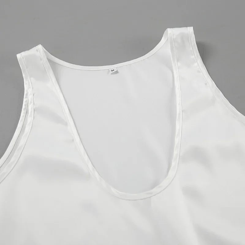 Women's Satin Sleeveless Plunging U-Neck Relaxed Tank Top