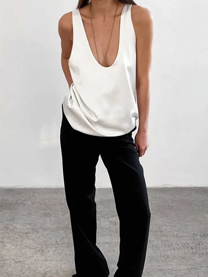 Women's Satin Sleeveless Plunging U-Neck Relaxed Tank Top