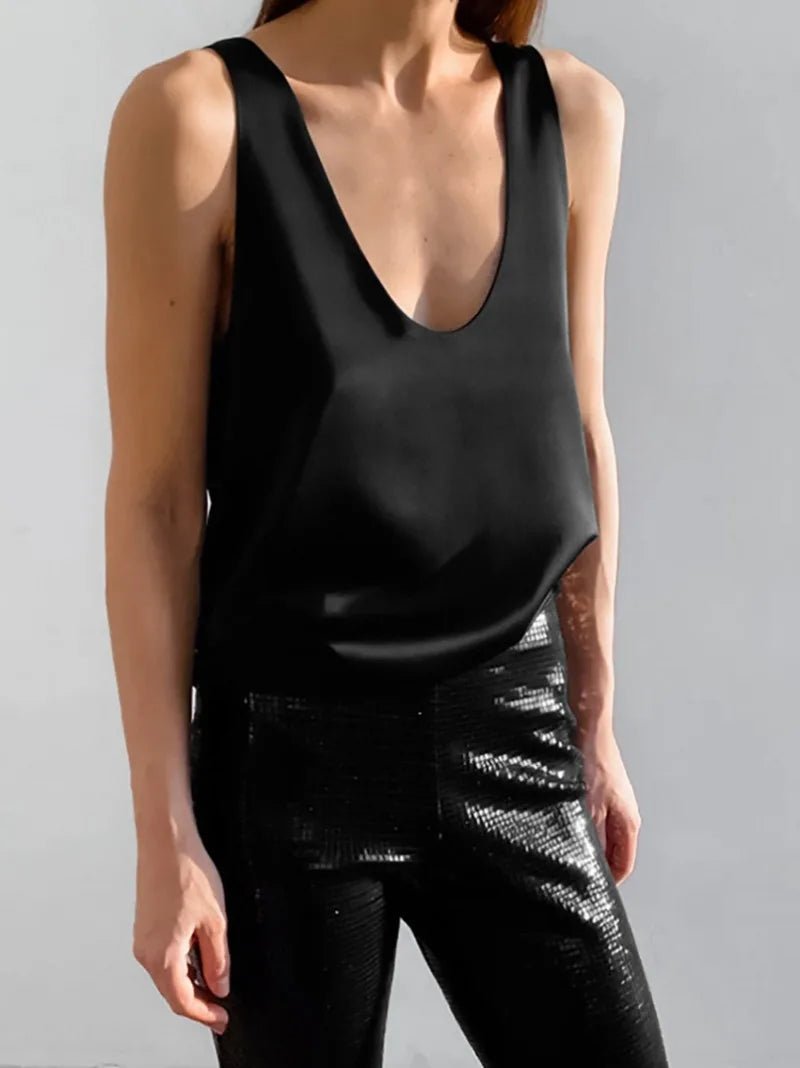Women's Satin Sleeveless Plunging U-Neck Relaxed Tank Top