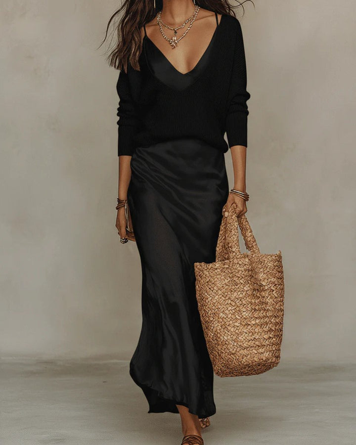 Women's Satin Slip V-Neck Long Sleeve Dress Midi Knit Jumper Set - Black